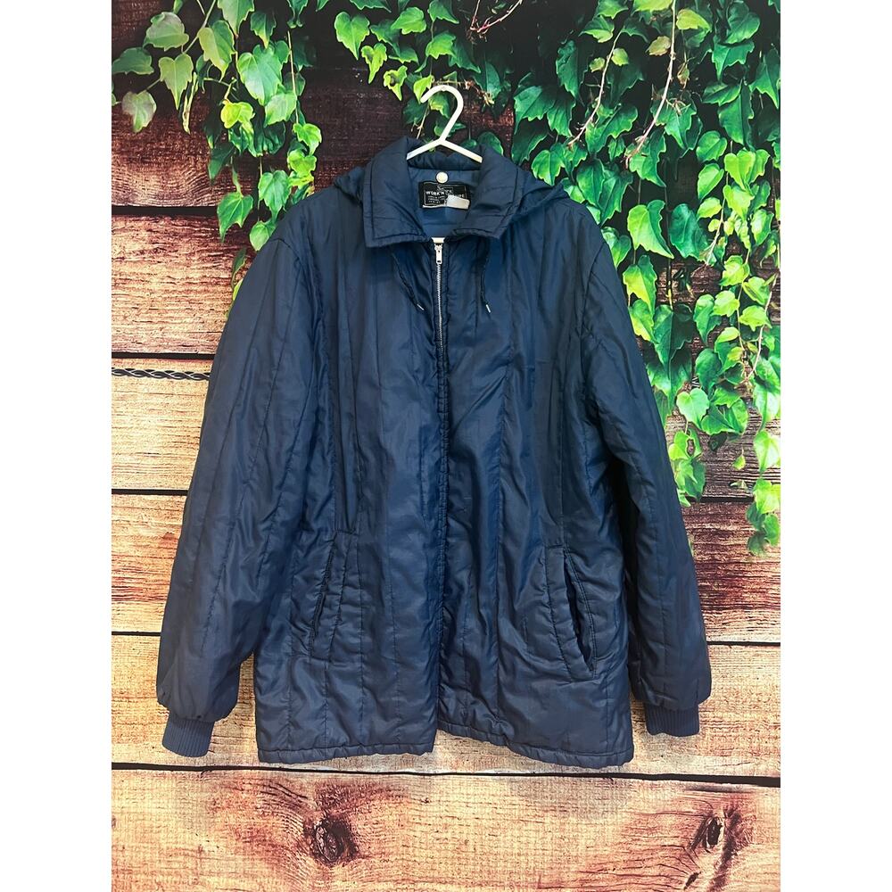 Vintage Sears Work and Leisure Puffer Jacket Coat w Hood Nylon Men's Large TALL